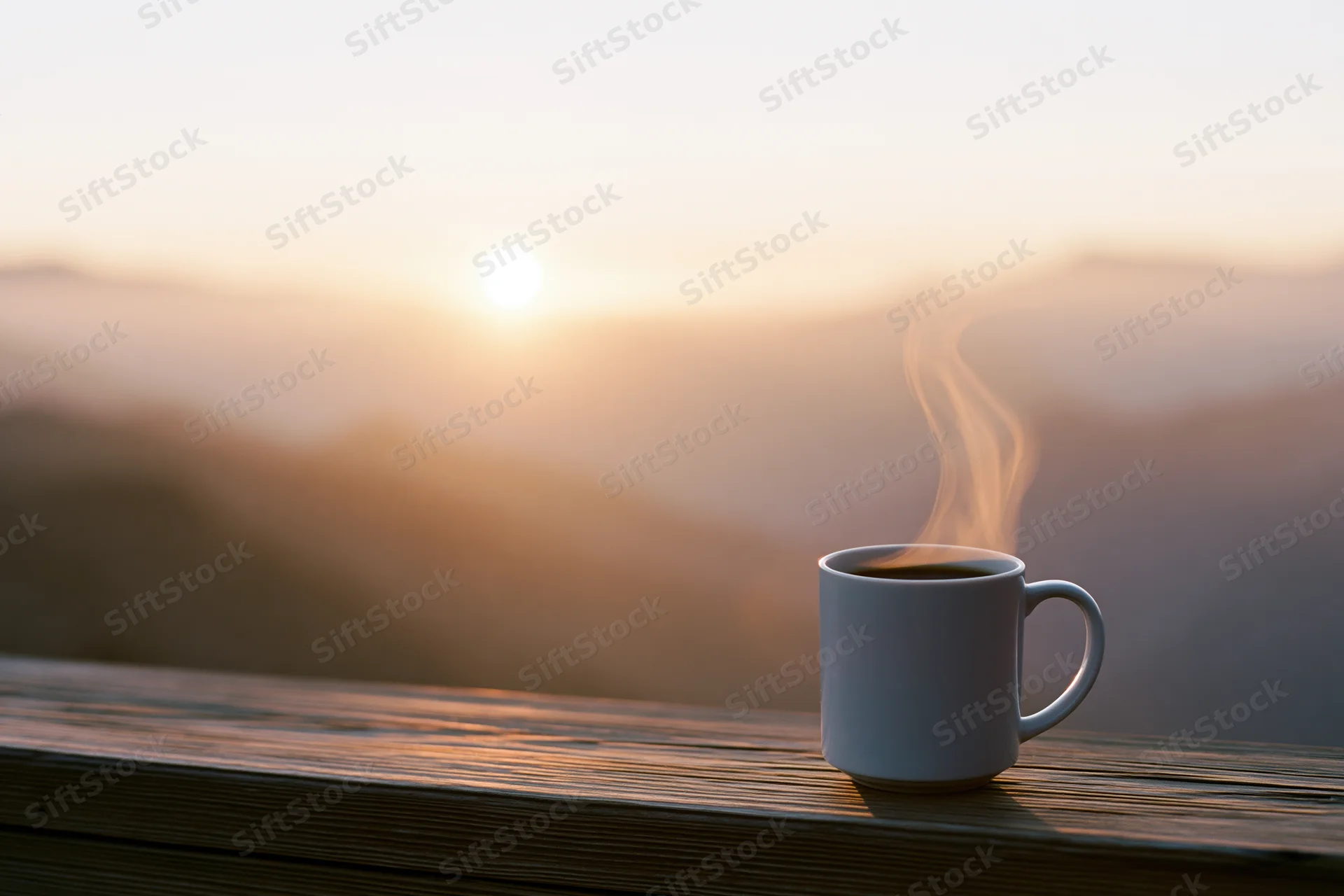 White ceramic coffee mug steaming on wooden deck at sunrise overlooking hazy mountains