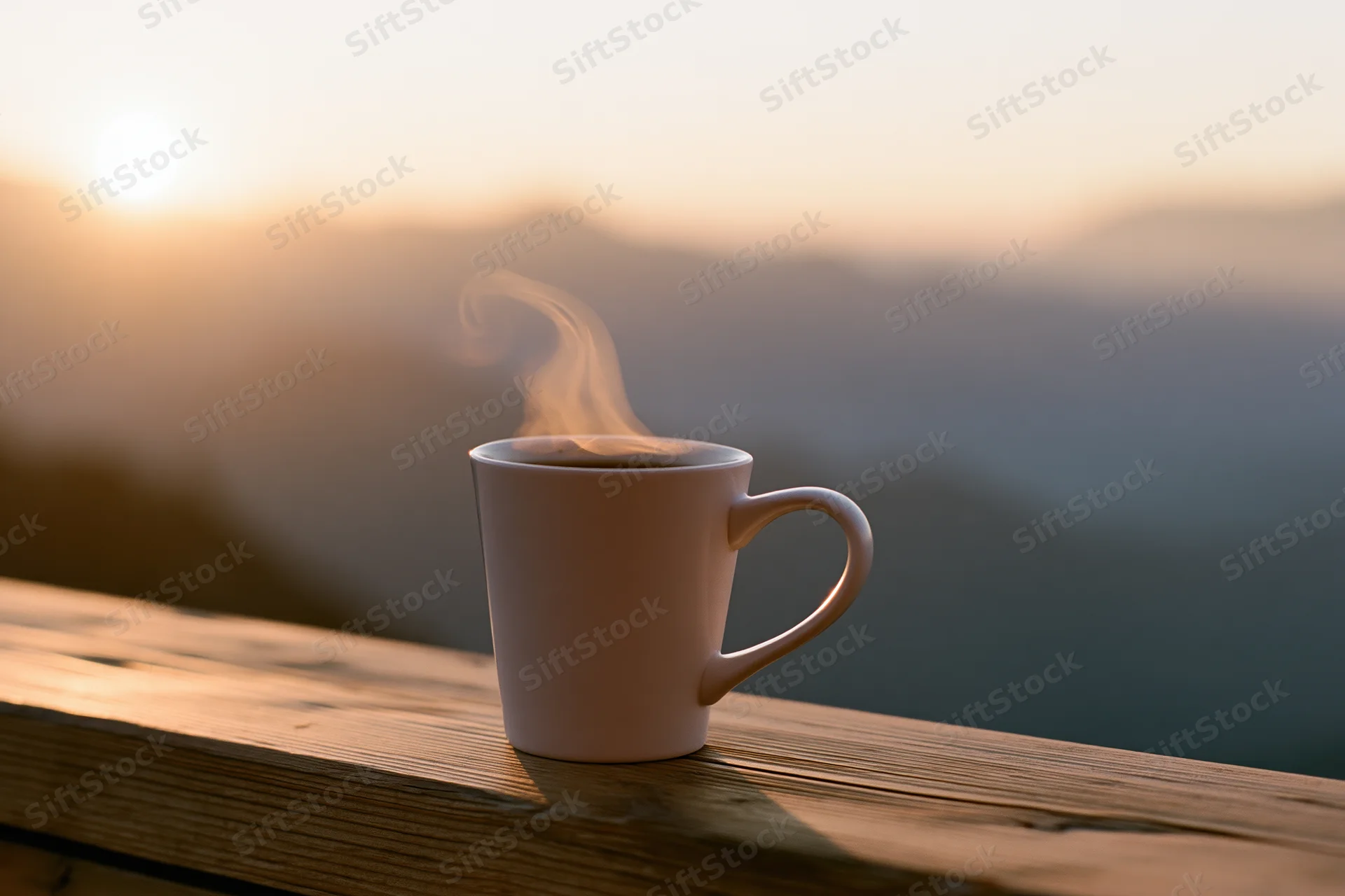 White ceramic coffee mug with steam on wooden railing at sunrise overlooking mountains
