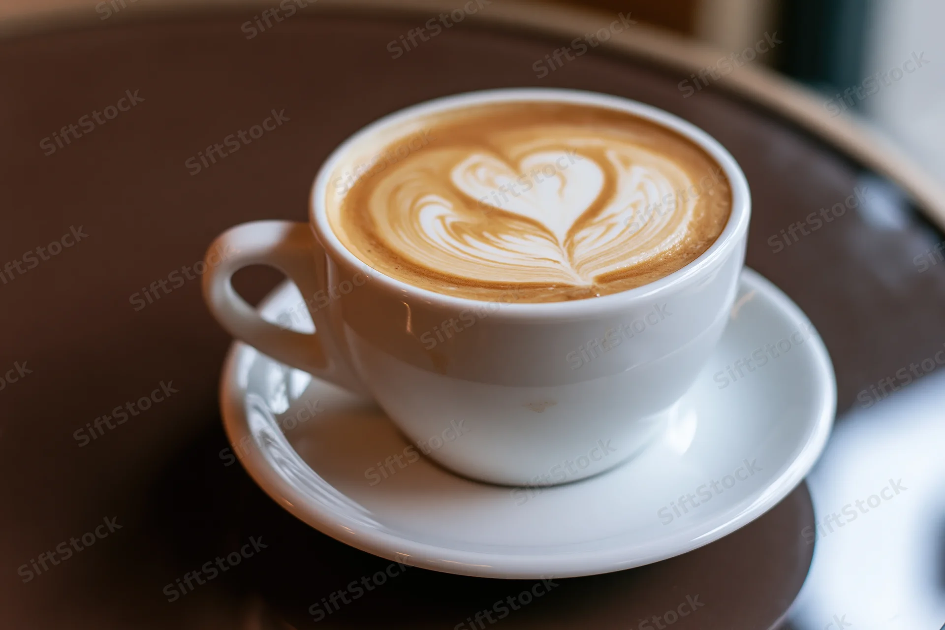 White ceramic cup of latte art coffee with heart and leaf design on saucer on brown table