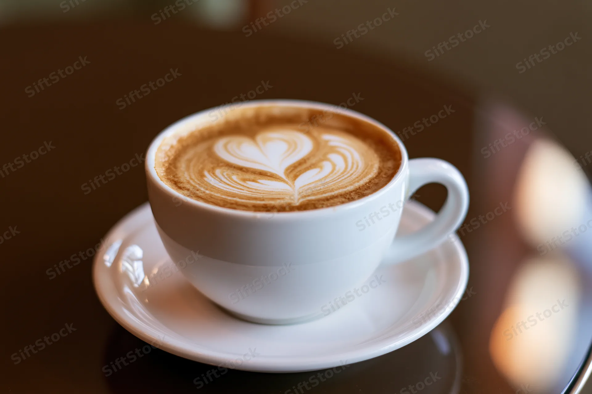 White ceramic cup of latte art coffee with heart and leaf design on saucer on dark table