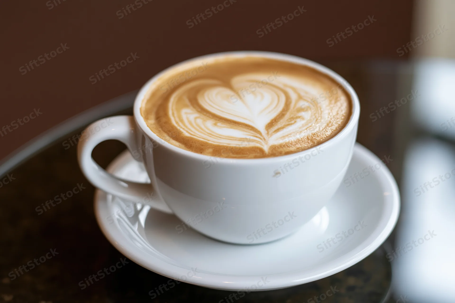 White ceramic cup of latte art coffee with heart and leaf design on saucer on dark tray