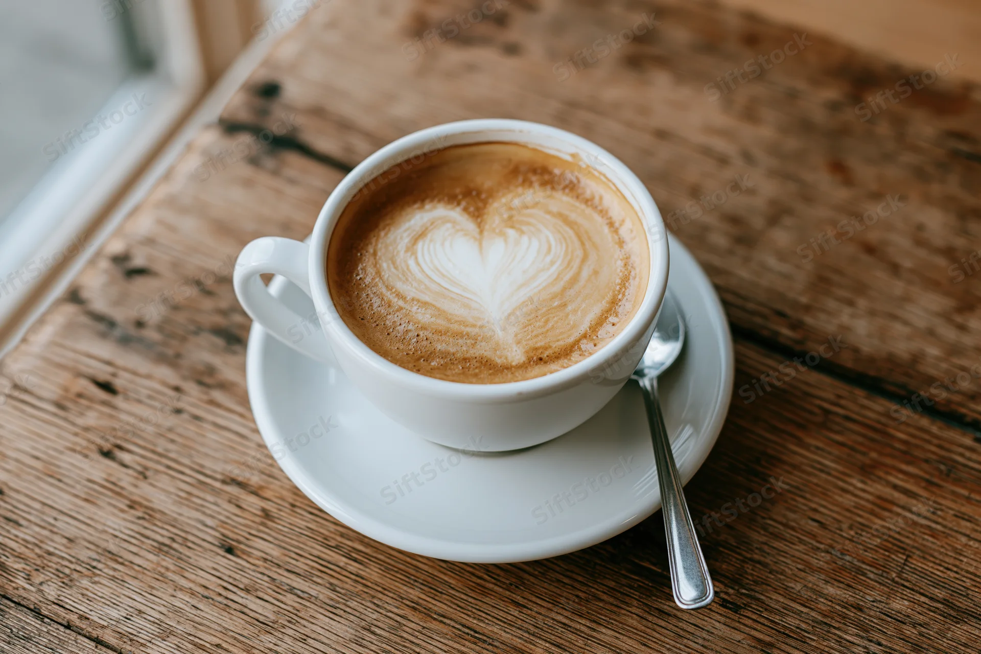 White ceramic cup of latte with heart-shaped foam art on wooden table