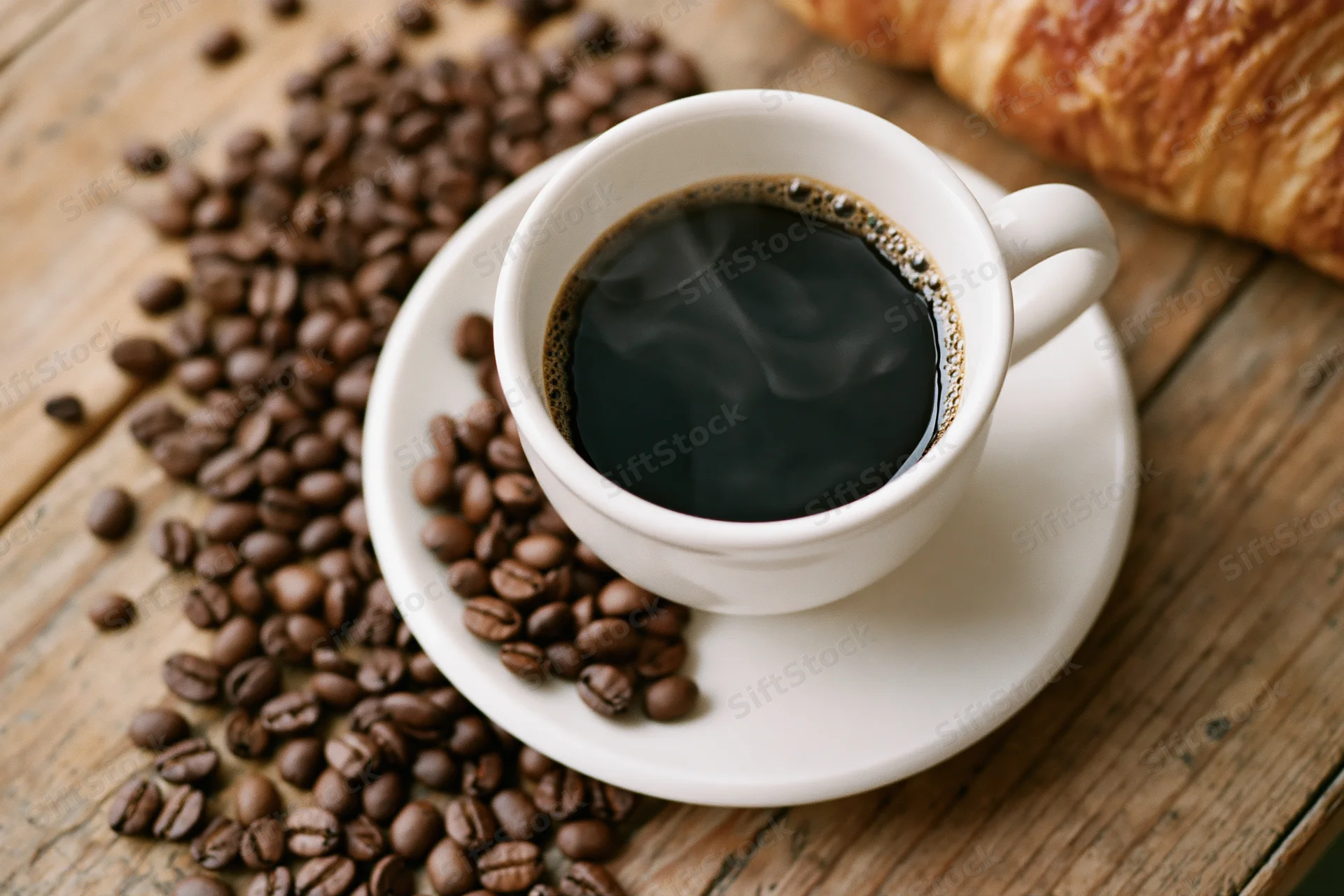 White ceramic cup of steaming black coffee on saucer with coffee beans and croissant on wooden table
