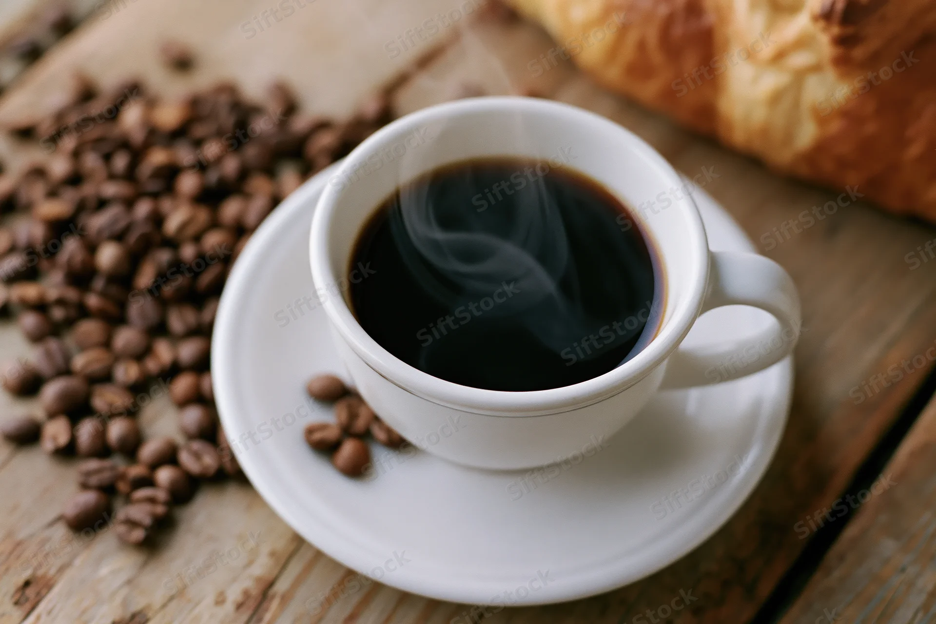 Steaming black coffee in a white ceramic cup on a saucer with coffee beans and a croissant on a wooden table