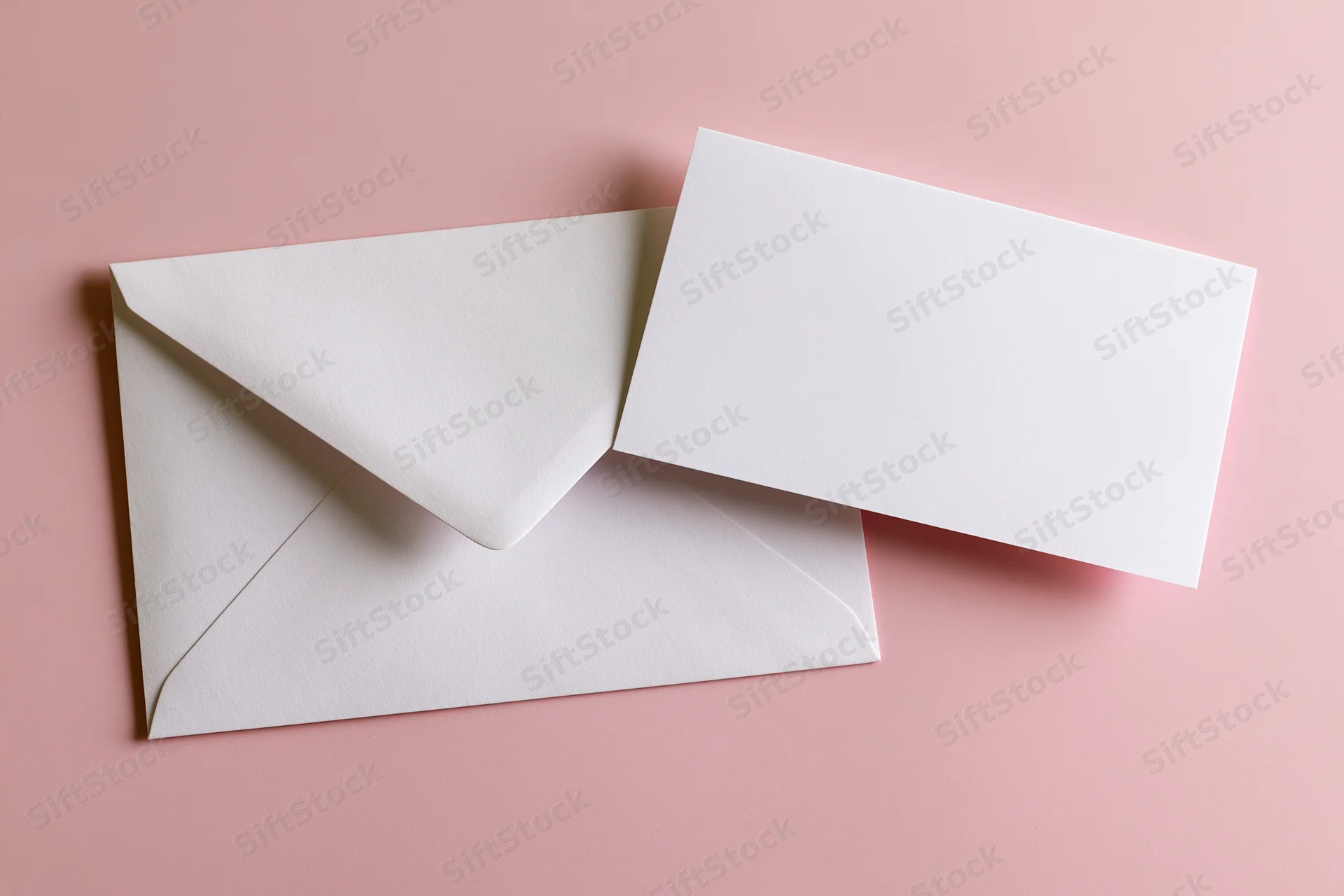 White envelope with triangular flap and blank card on pink surface