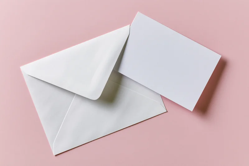 White envelope with triangular flap and blank card on pink surface