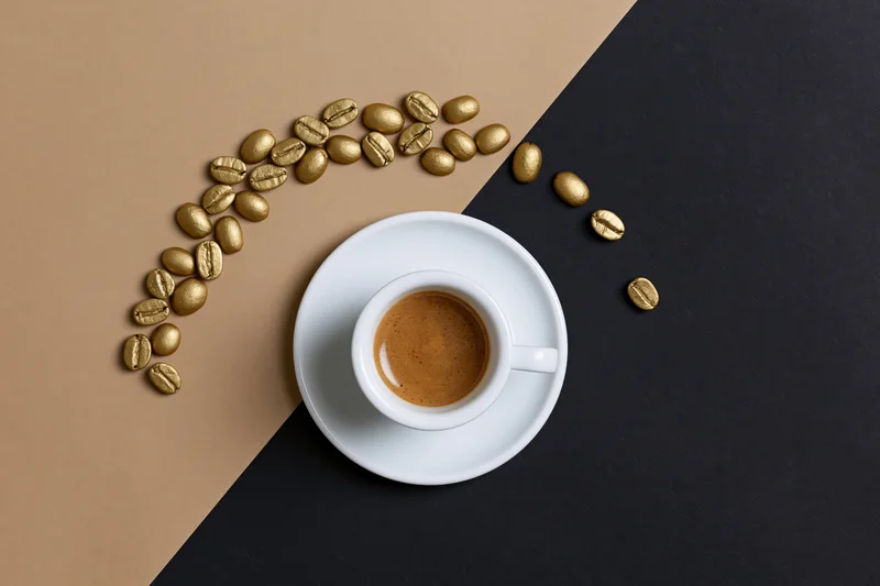 White espresso cup with crema on saucer surrounded by golden coffee beans on two-tone surface