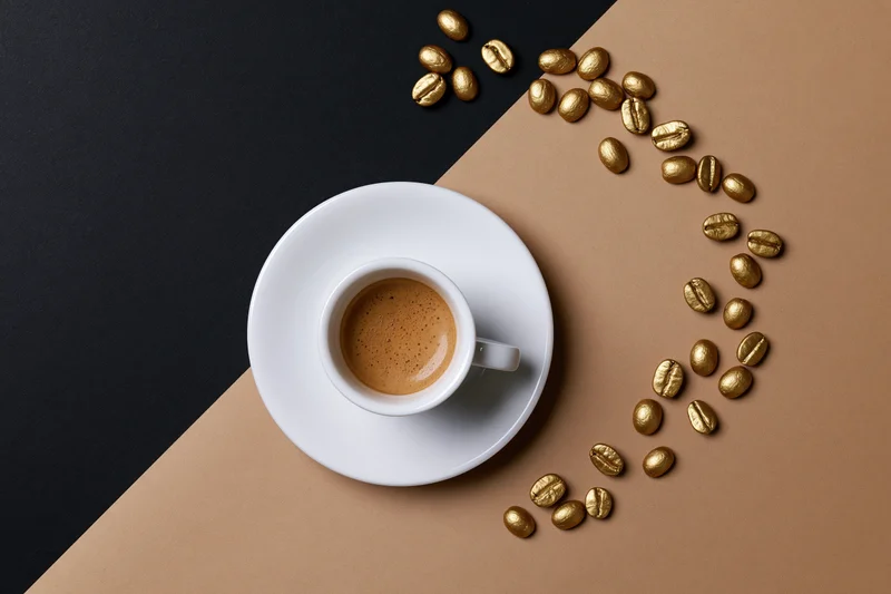 White espresso cup with crema on saucer surrounded by golden coffee beans on black and brown surface