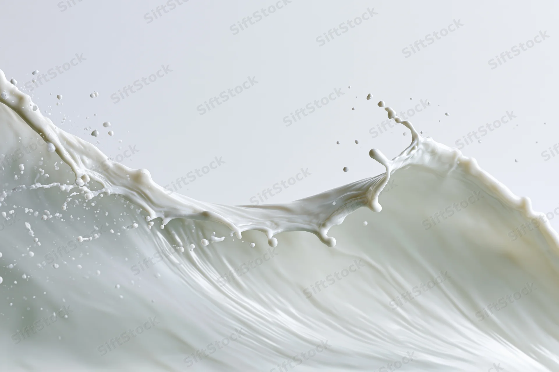 White milk splashing in mid-air forming a curved wave against a plain background