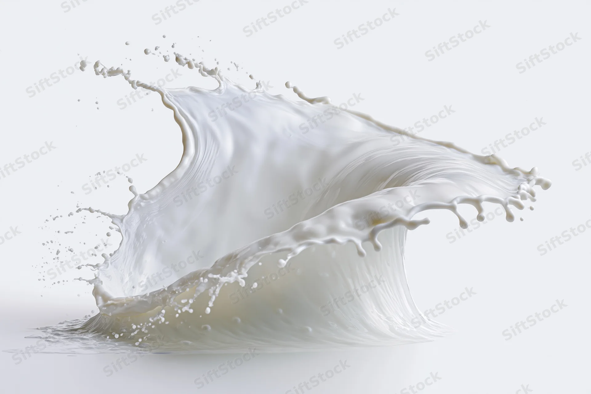 Milk splash frozen in motion forming a curved wave against a white background
