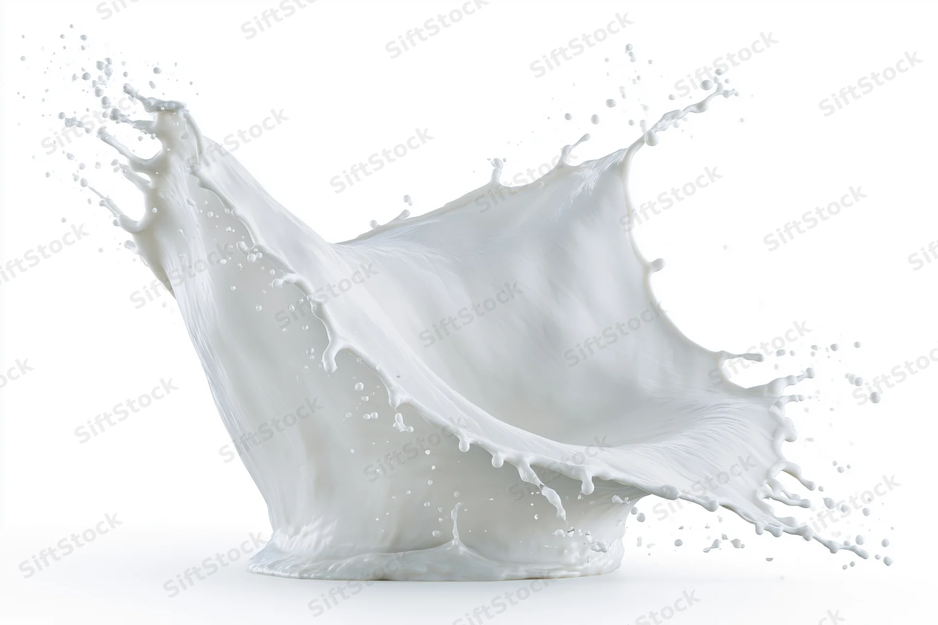 Dynamic milk splash frozen midair in a wave shape against white background