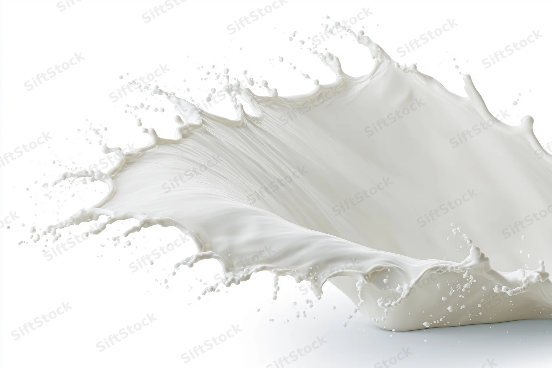Dynamic milk splash frozen midair in a wave shape against white background