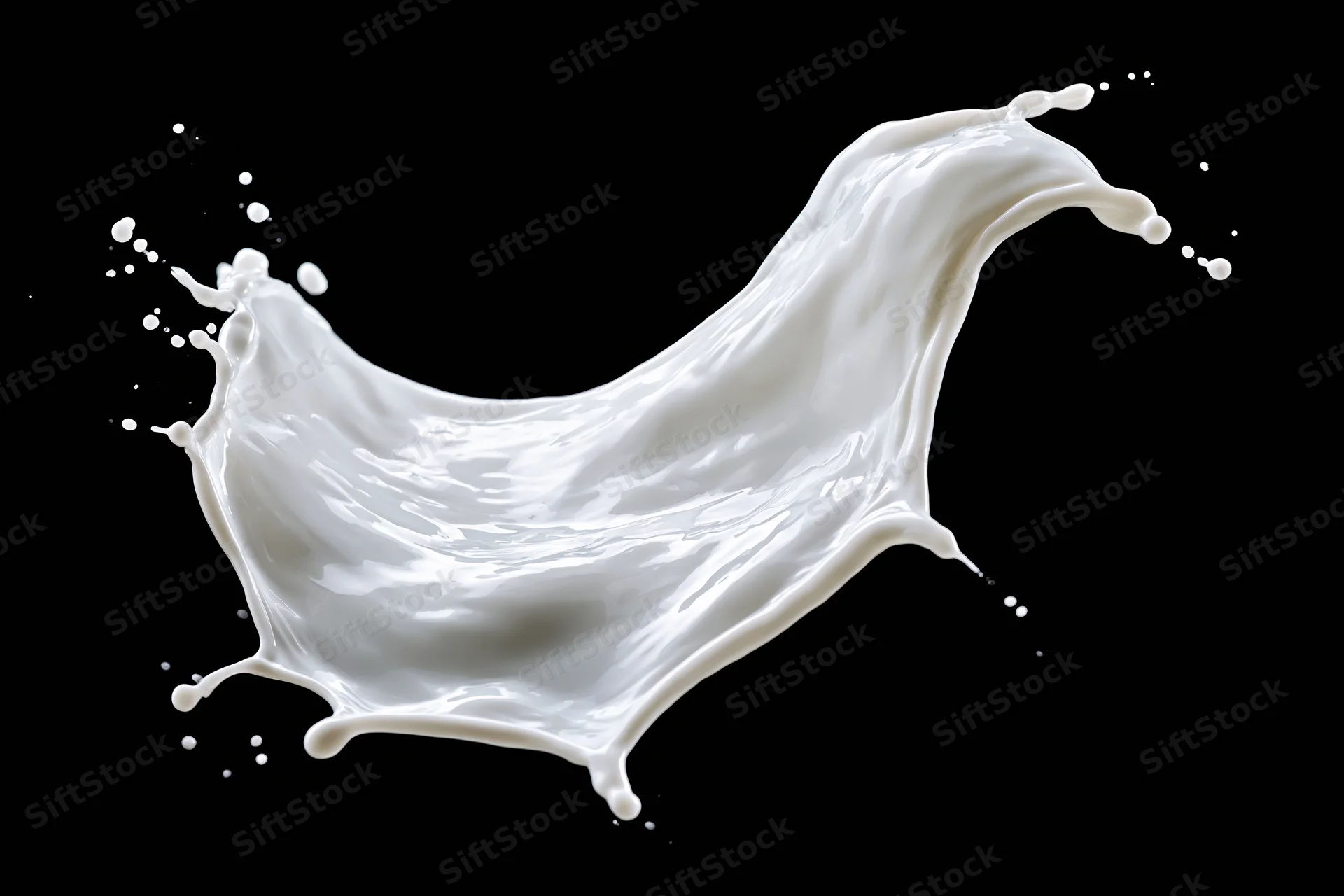 Milk splash frozen midair in sweeping arc shape against black background