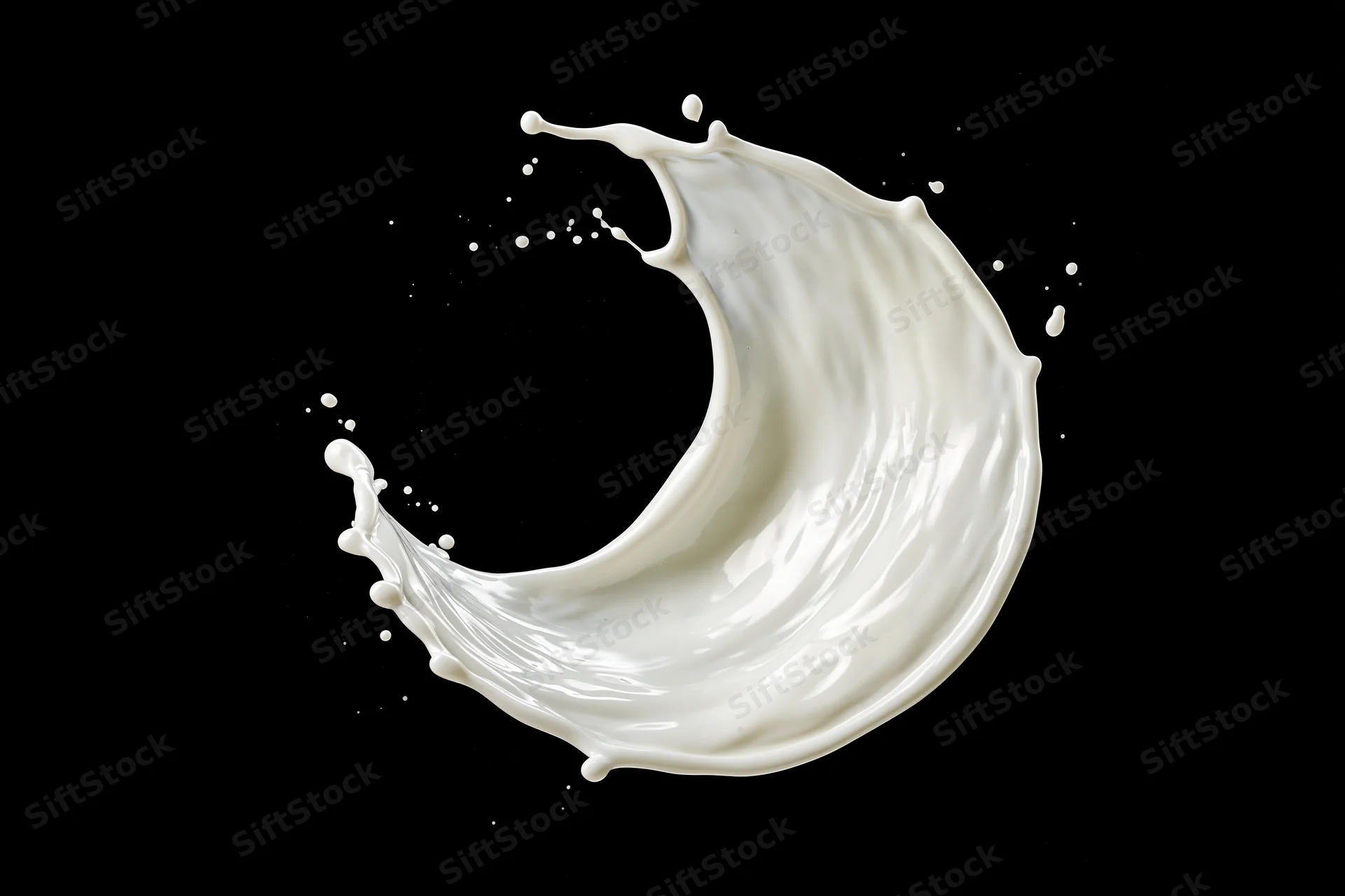 White milk splash frozen midair in a sweeping arc shape against black background