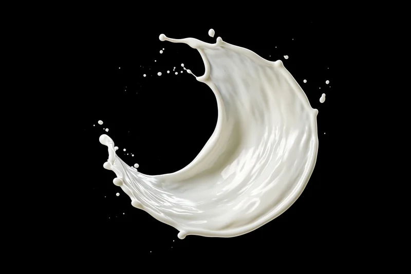 White milk splash frozen midair in a sweeping arc shape against black background