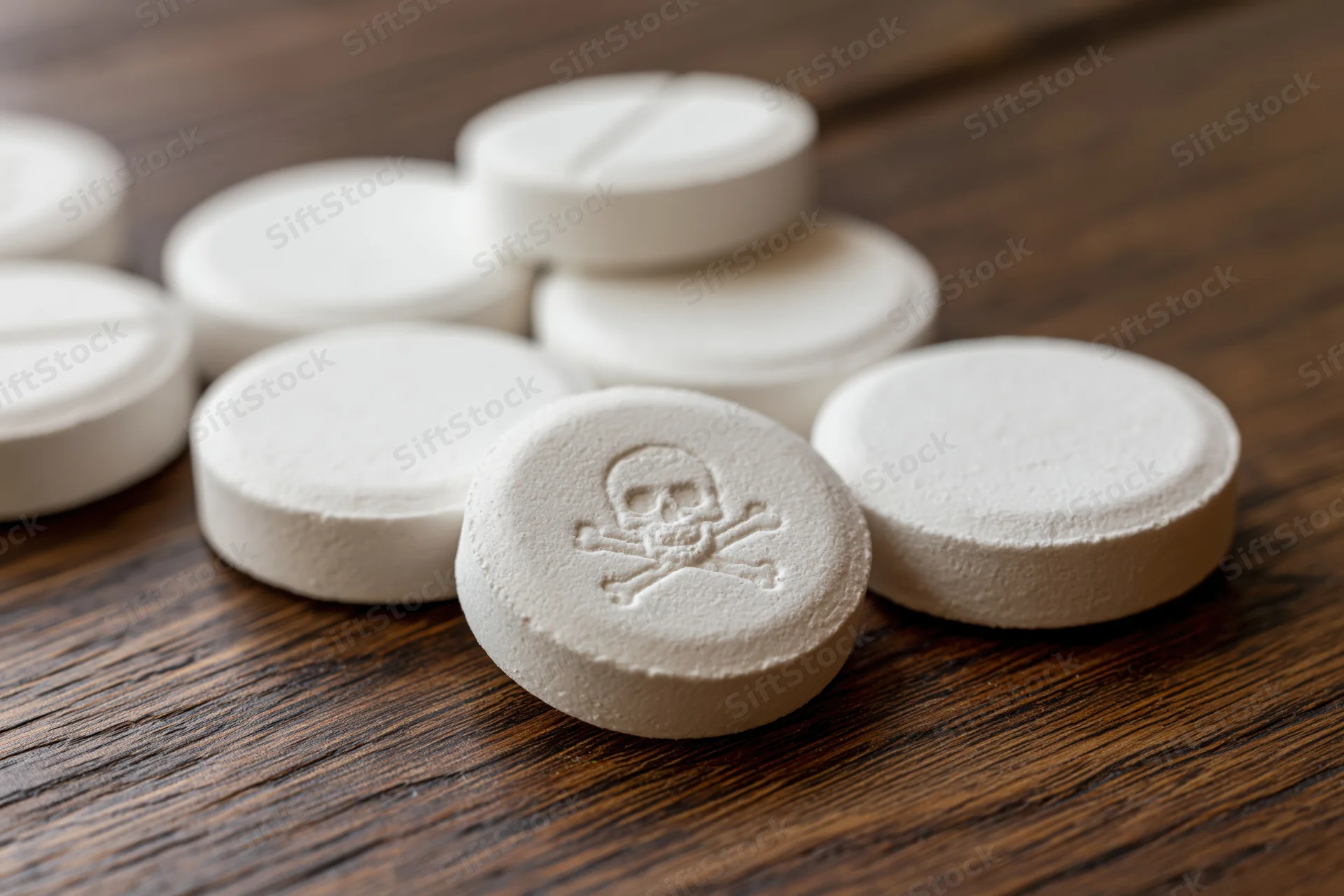 White round pills scattered on dark wooden table with skull and crossbones symbol on one pill