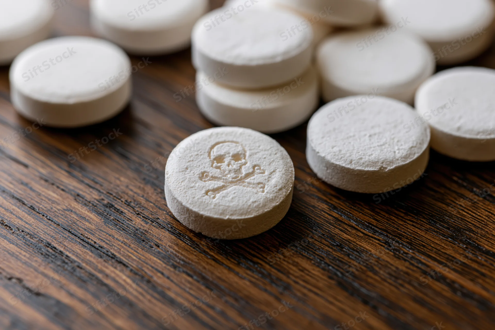 White round pills with skull and crossbones symbol scattered on dark wooden table