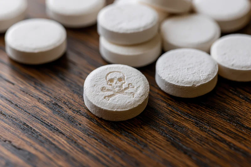 White round pills with skull and crossbones symbol scattered on dark wooden table