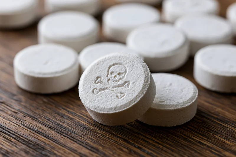 White round pills scattered on dark wooden table with skull and crossbones symbol in focus