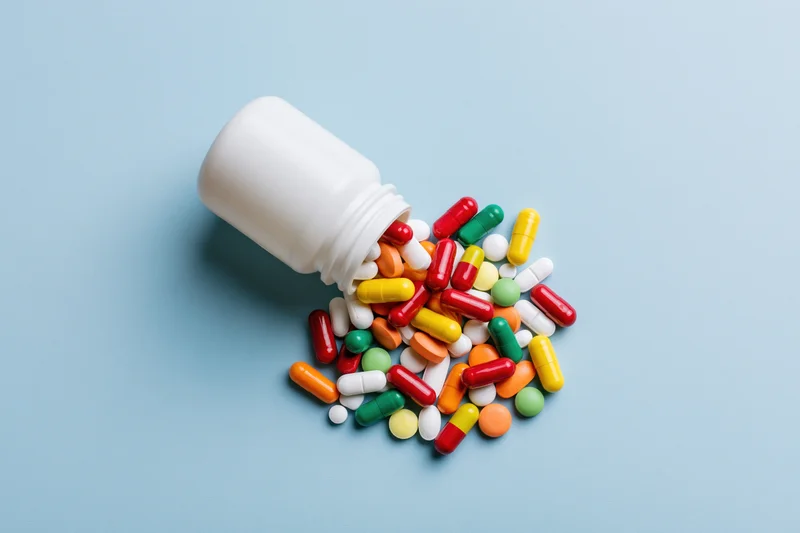 White pill bottle tipped over with colorful pills scattered on blue surface