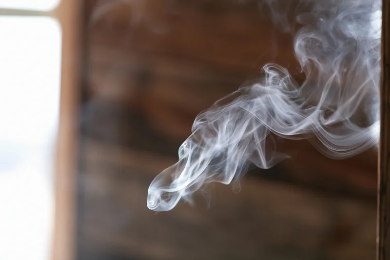 Wispy white smoke curling and dispersing in midair near a wooden wall interior