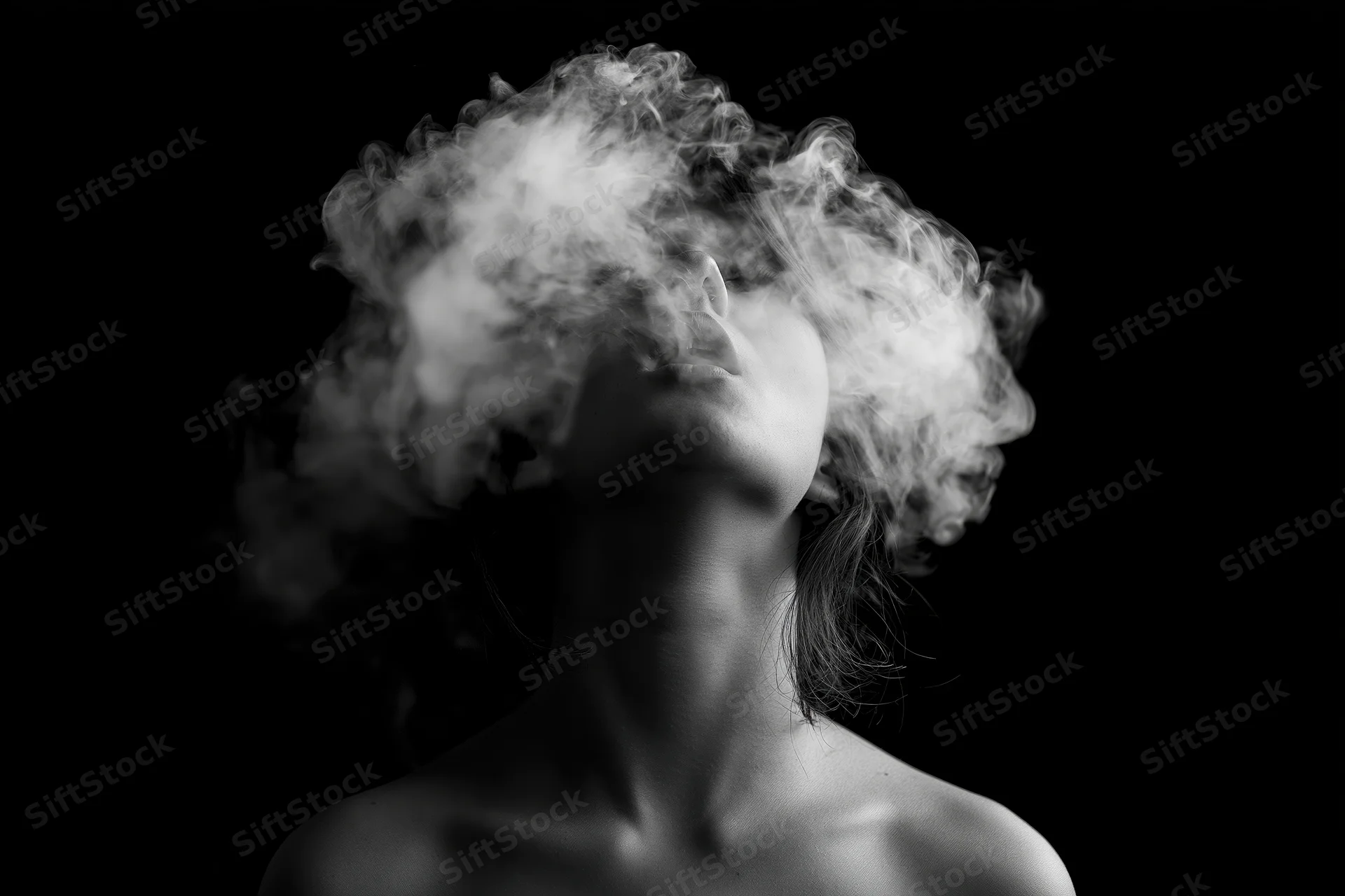 Woman exhaling smoke in silhouette against black background