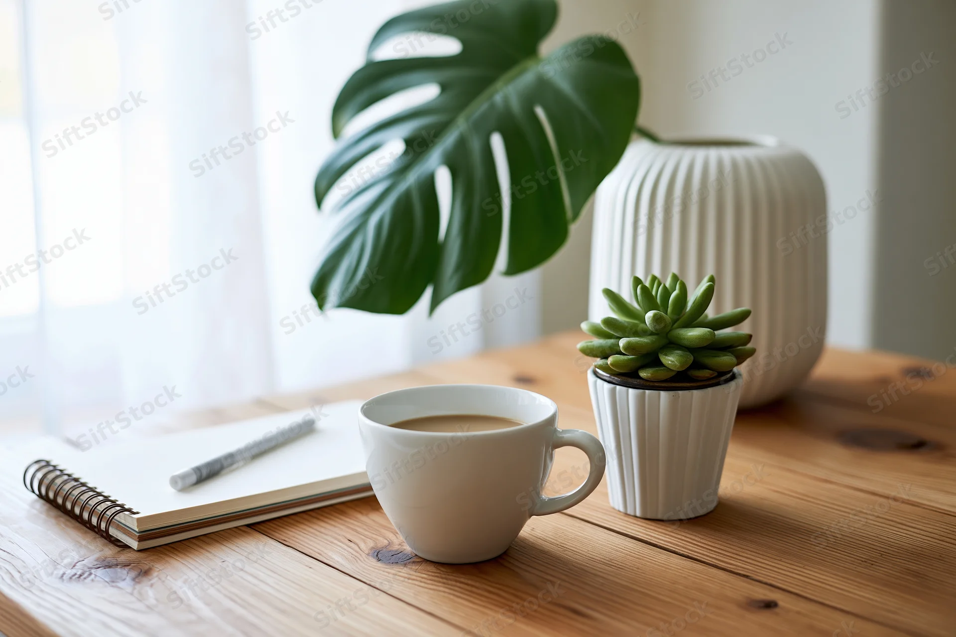 White ceramic coffee cup and small succulent on wooden desk beside notebook and pen near window