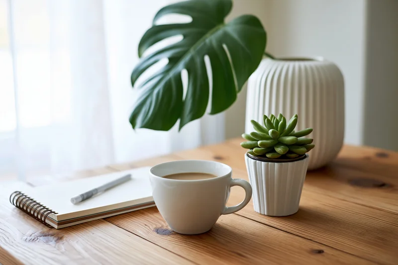 White ceramic coffee cup and small succulent on wooden desk beside notebook and pen near window