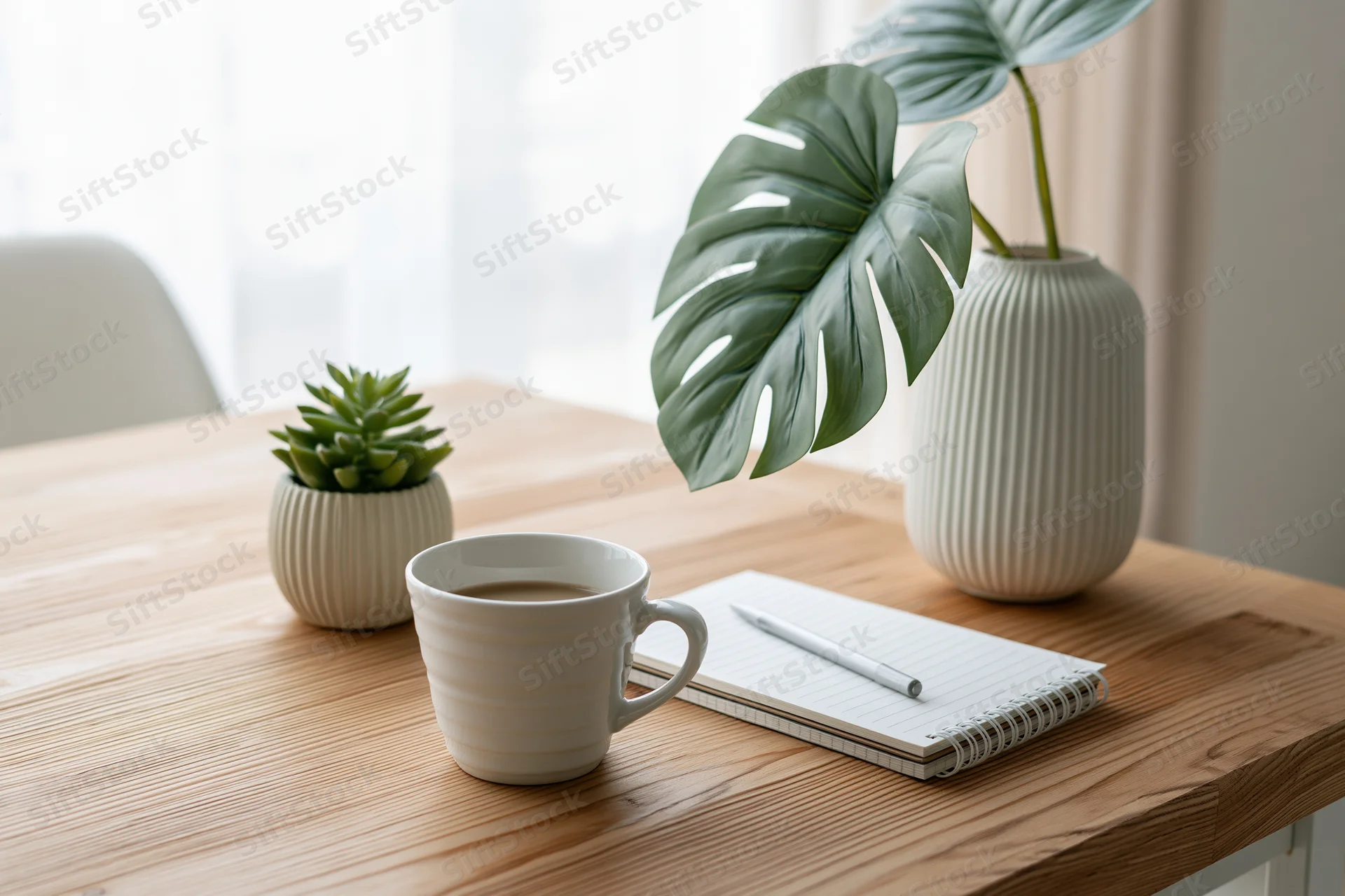 White ceramic coffee cup and notebook on wooden desk with monstera and succulent plants