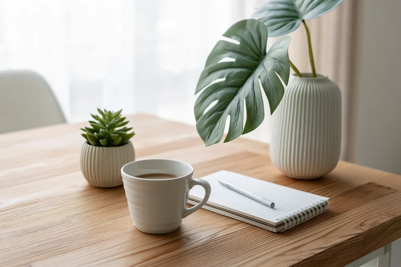White ceramic coffee cup and notebook on wooden desk with monstera and succulent plants