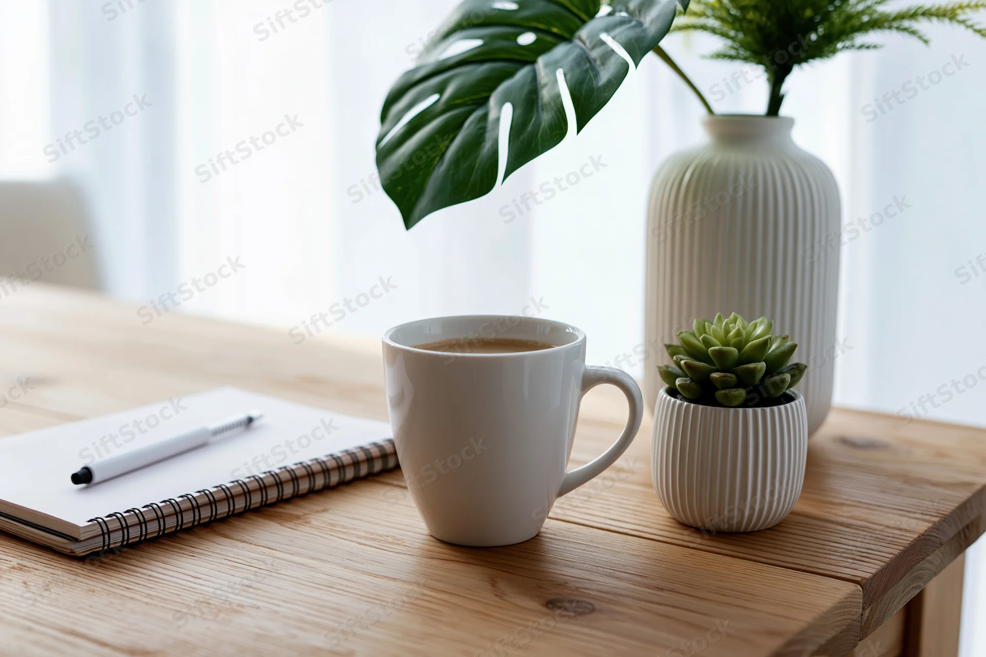 White ceramic coffee cup and small succulent on wooden desk beside notebook and pen