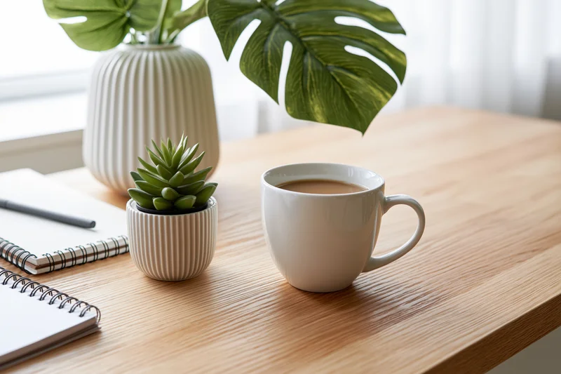 White ceramic coffee cup and potted plants on wooden desk with notebook and pen
