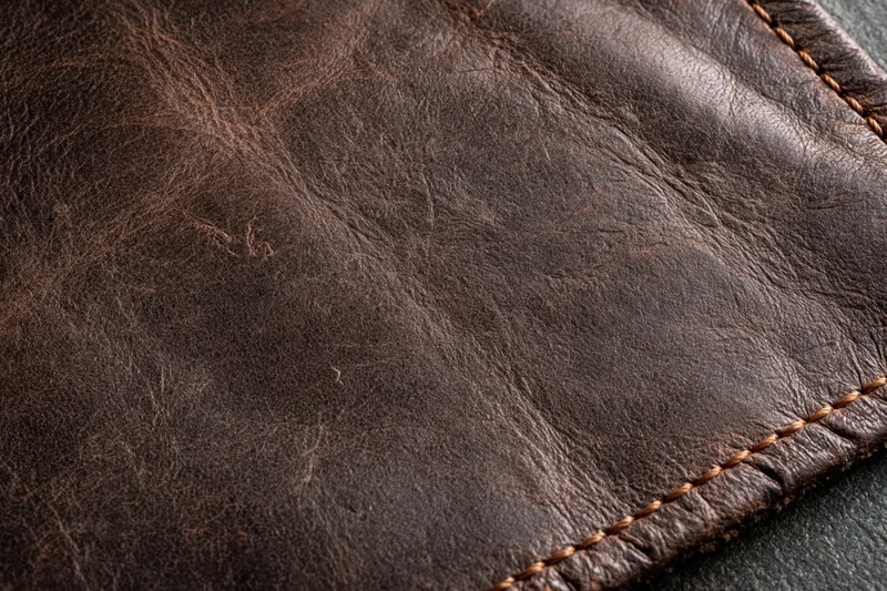 Closeup of worn dark brown leather surface with visible stitching and texture