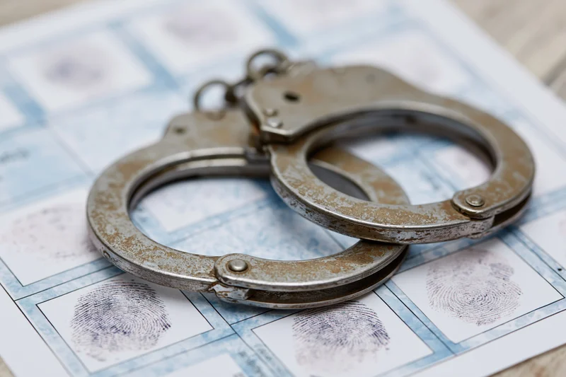 Worn metal handcuffs resting on a police fingerprint booking form