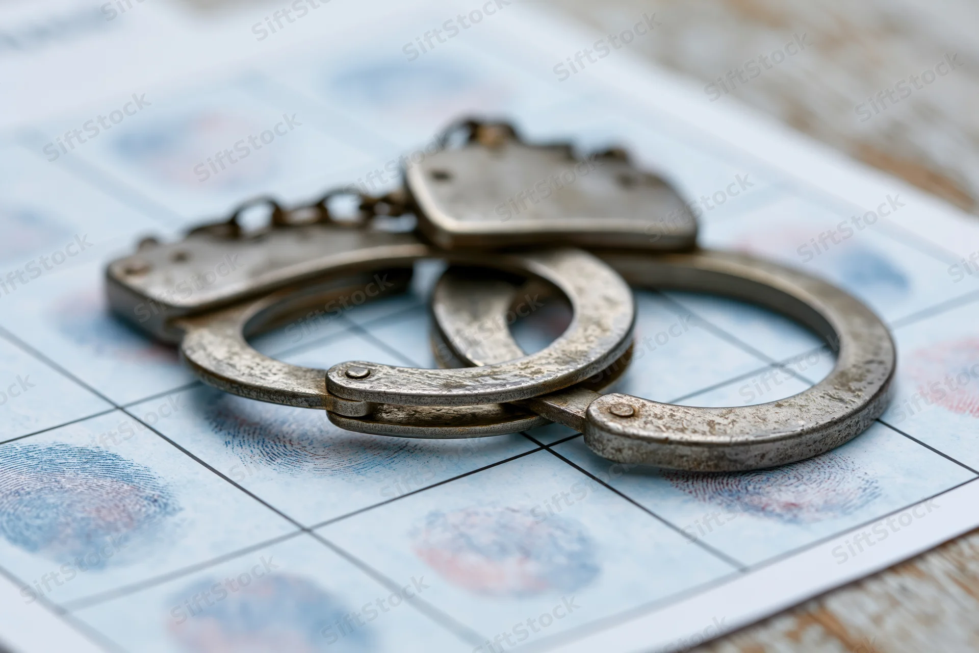 Worn metal handcuffs resting on a police fingerprint booking form