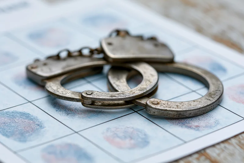 Worn metal handcuffs resting on a police fingerprint booking form