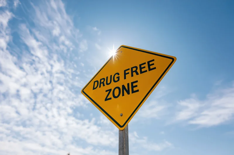 Yellow diamond-shaped road sign reading drug free zone against a bright blue sky with scattered clouds