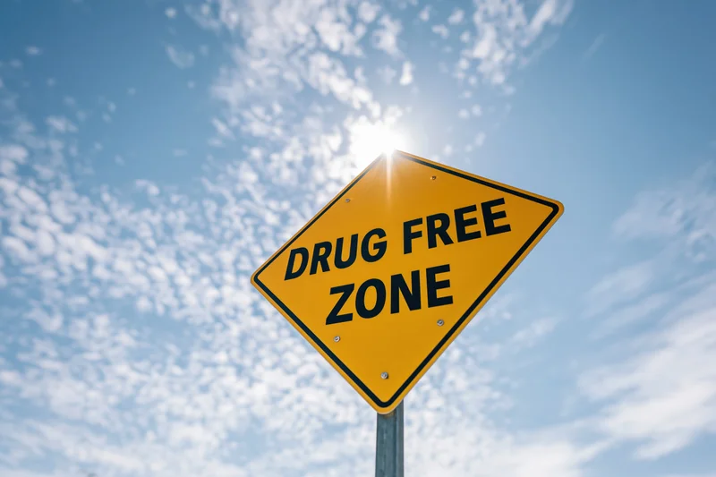 Yellow diamond-shaped road sign reading drug free zone against a bright blue sky with scattered clouds and sun glare