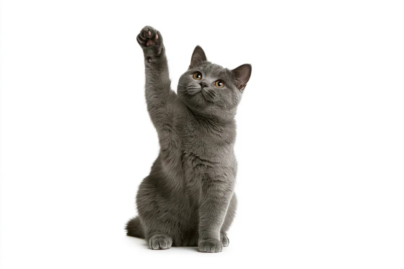 Gray british shorthair kitten sitting upright with one front paw raised against white background