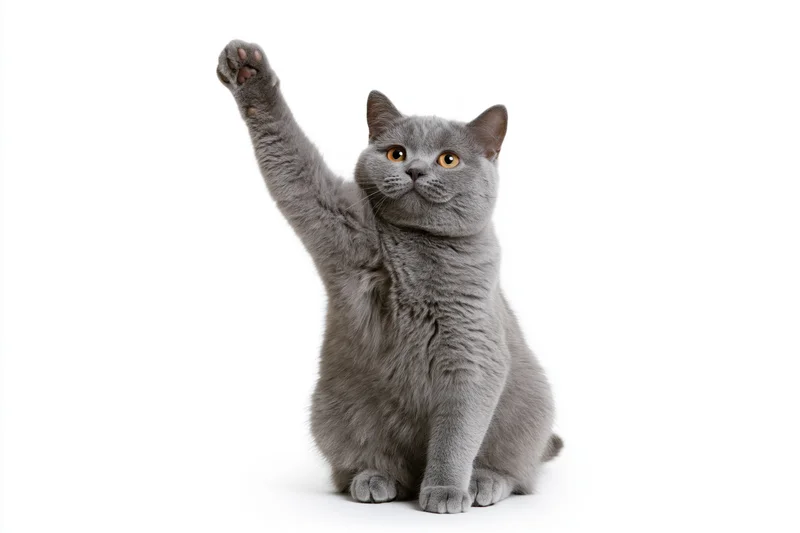 Gray british shorthair cat sitting upright with one front paw raised against white background