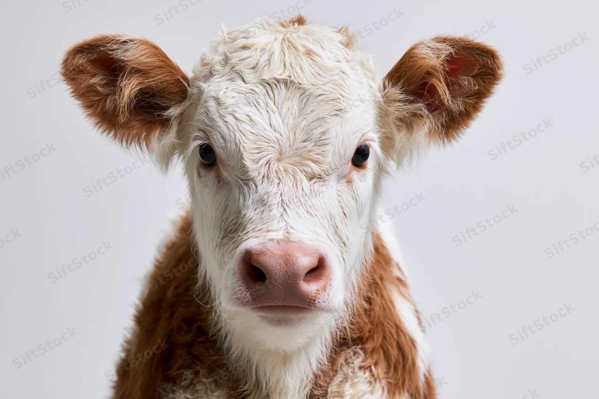 Young hereford calf facing camera in close-up studio portrait against white background