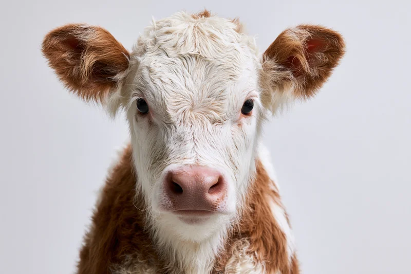 Young hereford calf facing camera in close-up studio portrait against white background