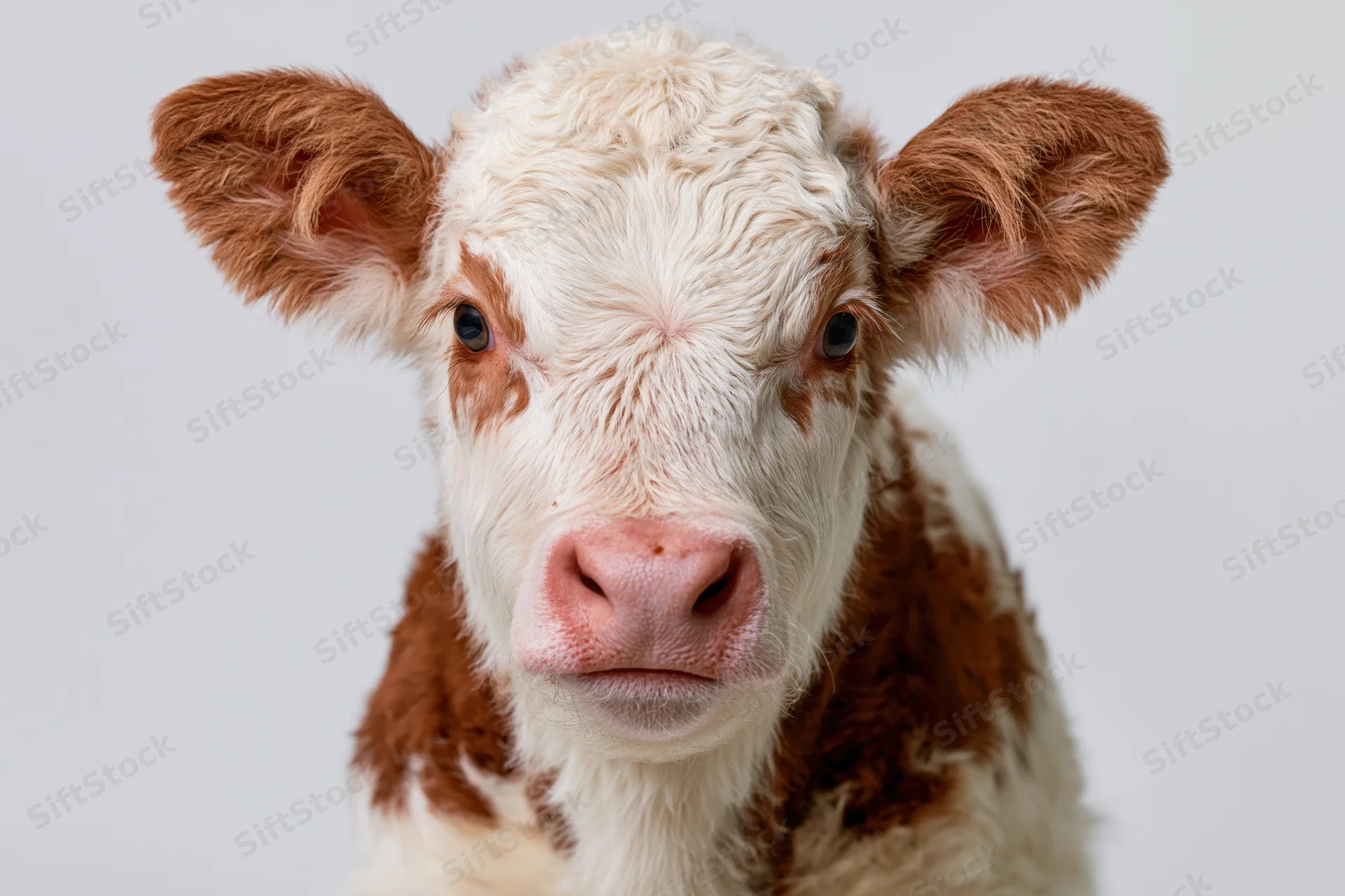 Young hereford calf facing camera in close-up studio portrait
