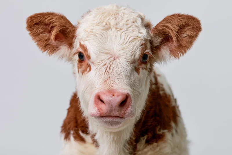 Young hereford calf facing camera in close-up studio portrait