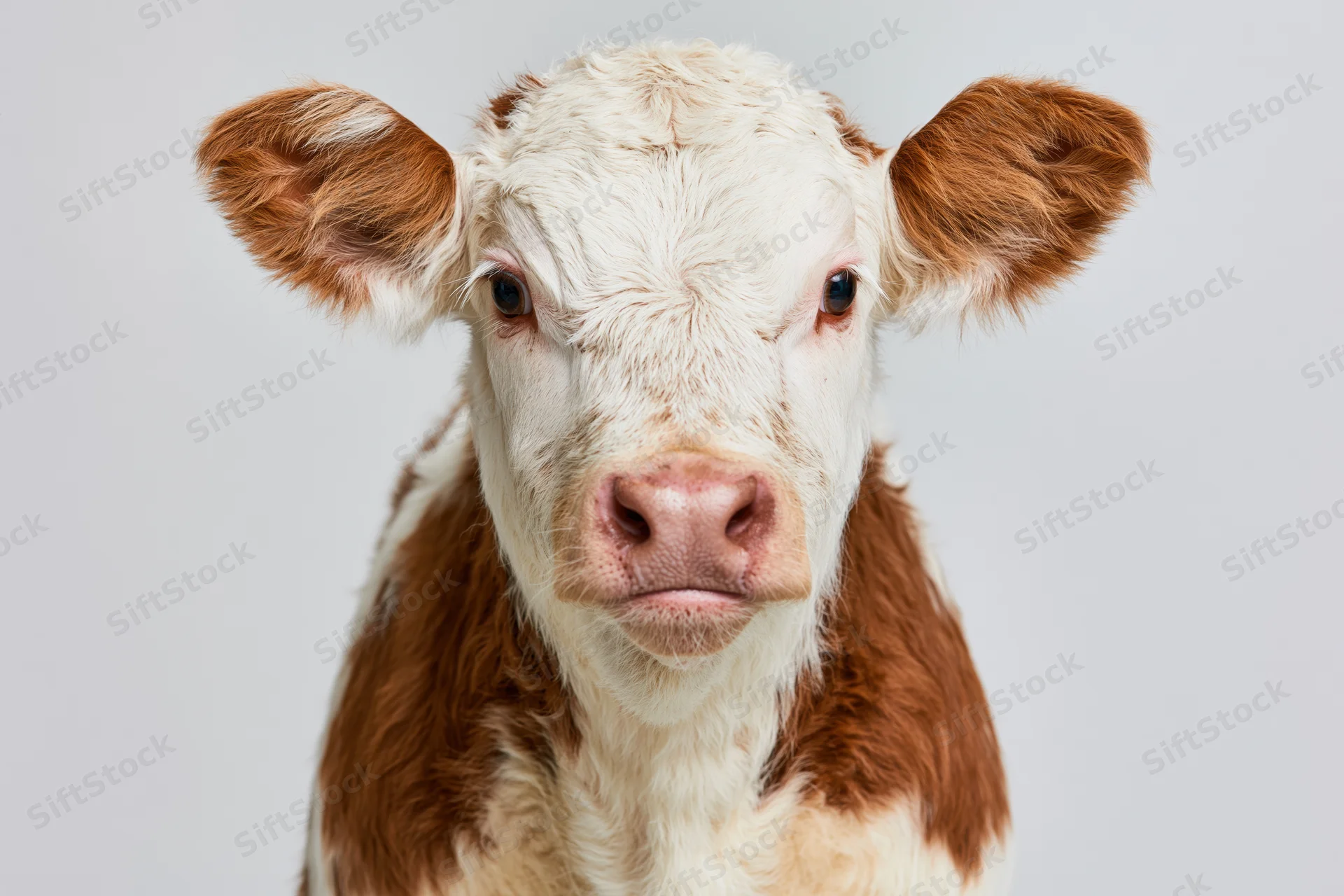 Young hereford calf facing camera in close-up studio portrait against white background