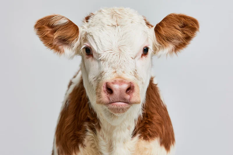 Young hereford calf facing camera in close-up studio portrait against white background