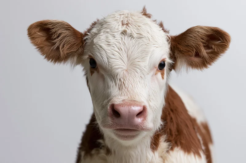 Young hereford calf facing camera in close-up studio portrait