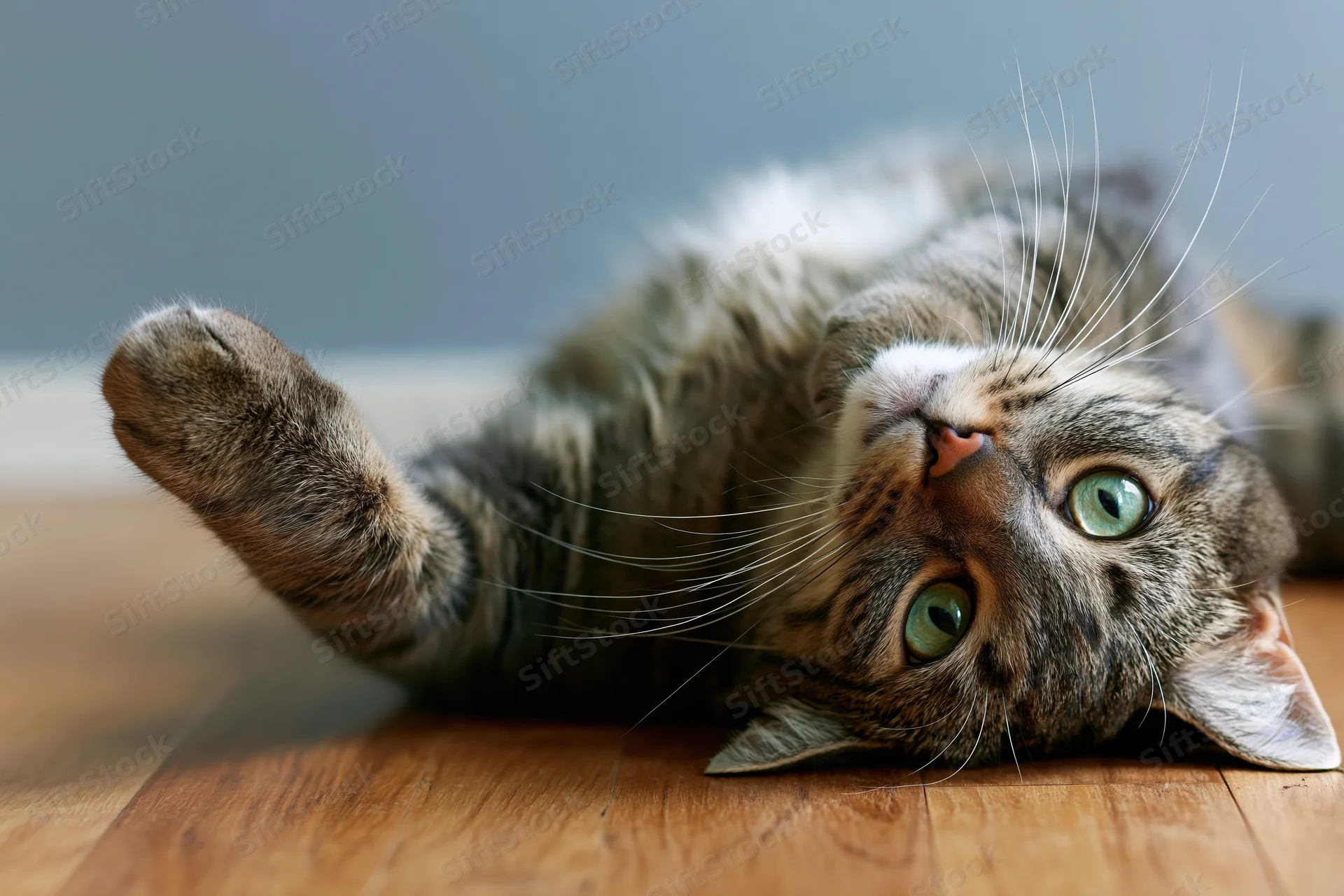 Young grey tabby cat lying on its back on wooden floor looking up