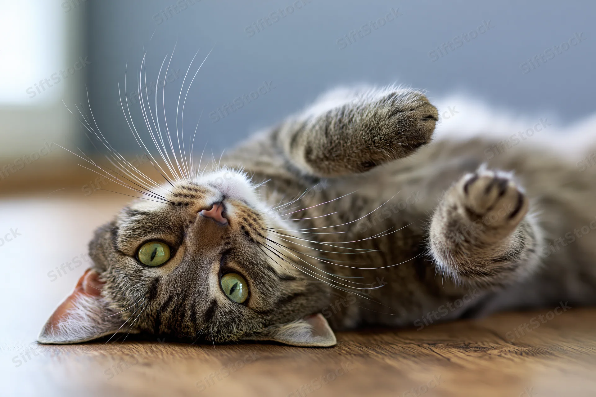 Young grey tabby cat lying on its back on a wooden floor