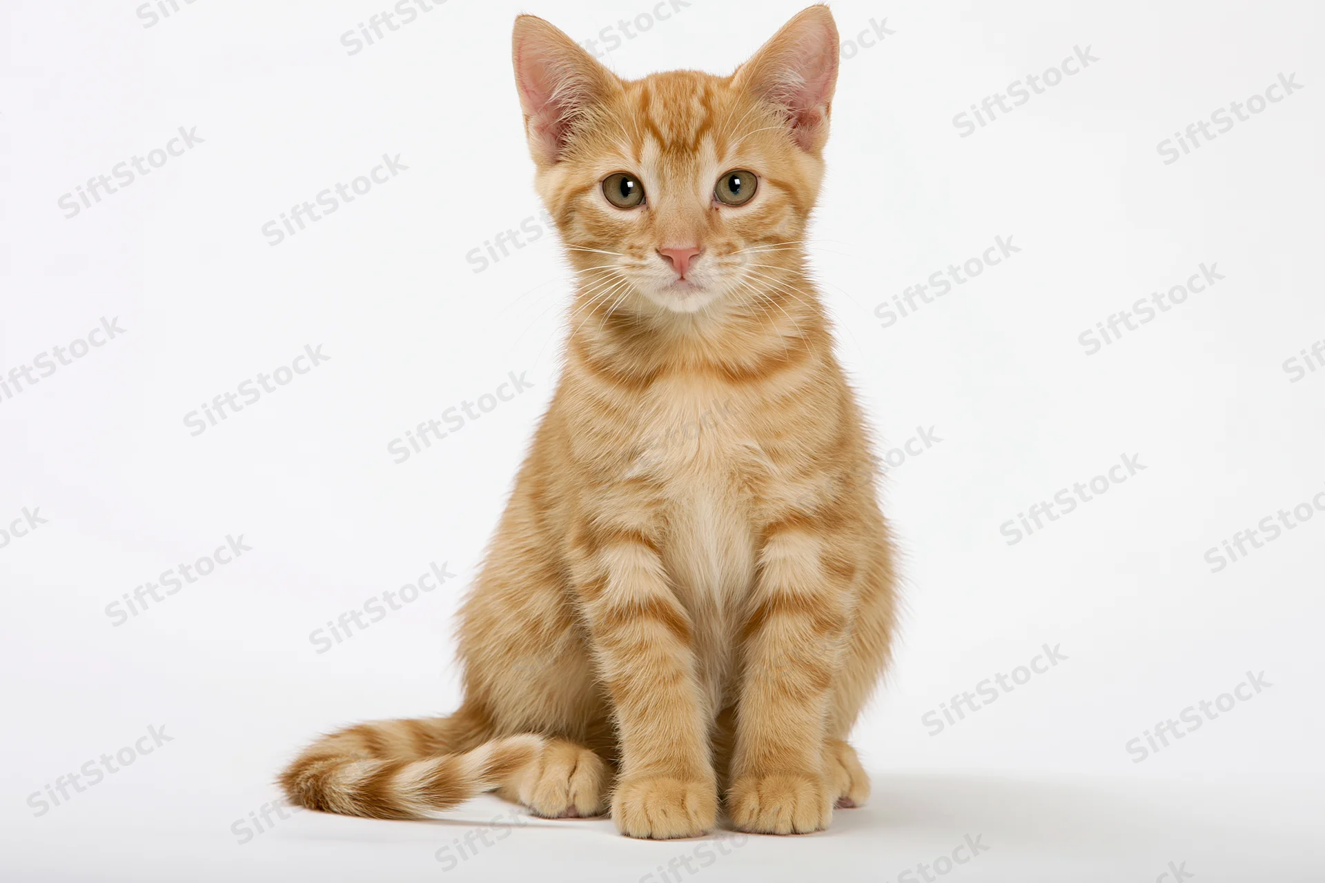 Young orange tabby kitten sitting upright facing camera on white background